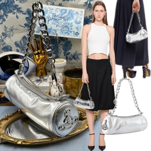 🆕 VIVIENNE WESTWOOD 🧿 NWOT Cindy Cylinder Shoulder Bag, Silver Metallic AUTH - Picture 1 of 16